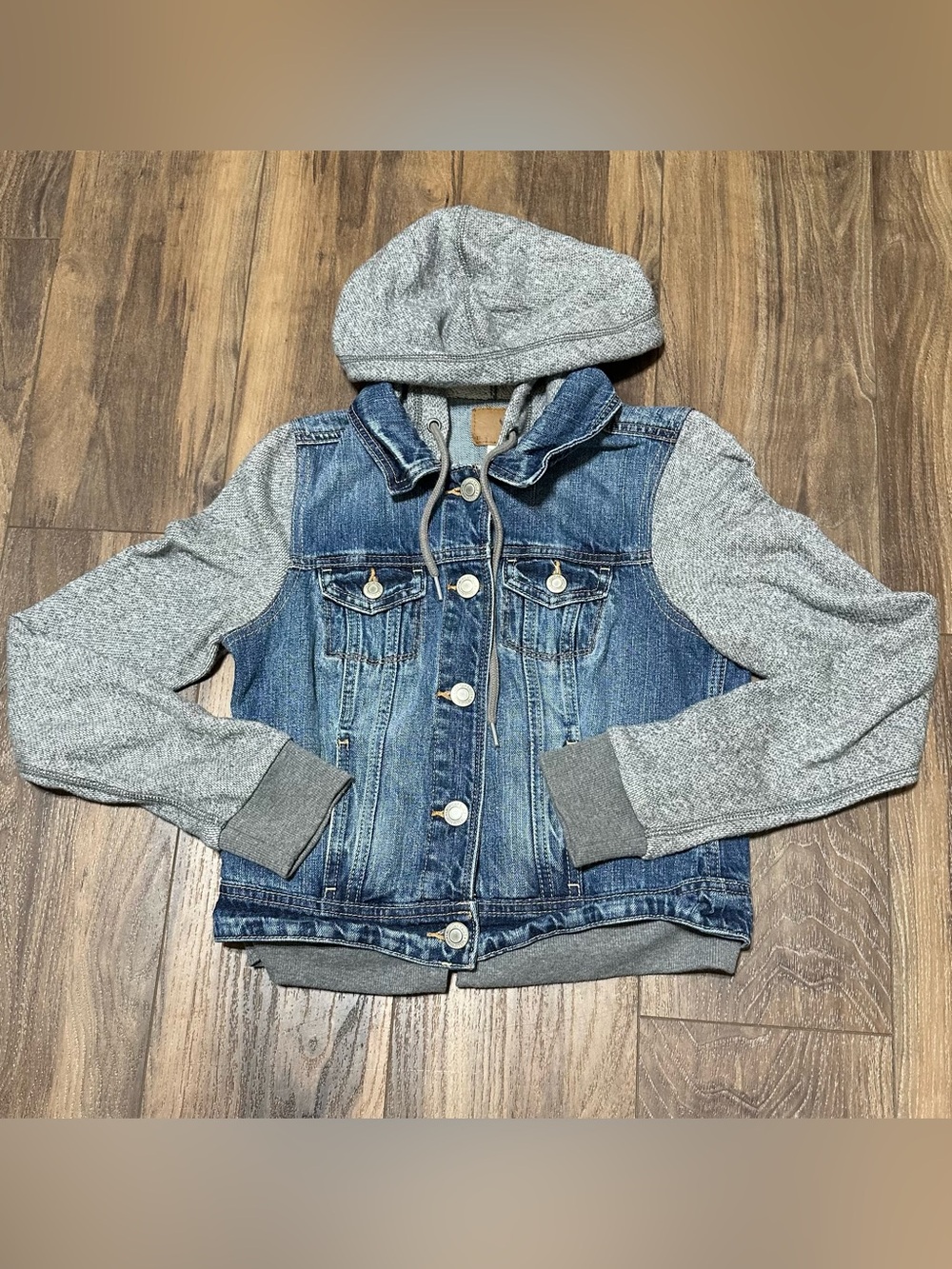 American Eagle Denim Jacket Womens S Blue Cotton Hooded Jean Mixed Media Button